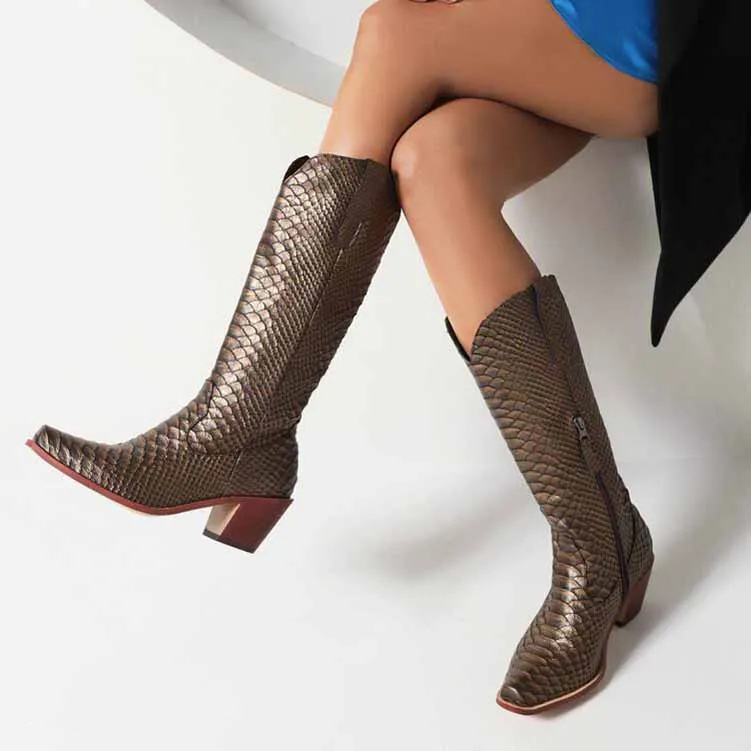 Womens Mid Calf Boots Chunky Heel Zipper Cowgirl Boots