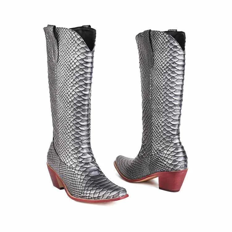 Womens Mid Calf Boots Chunky Heel Zipper Cowgirl Boots