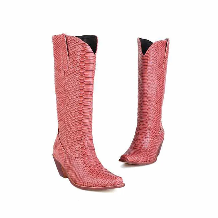 Womens Mid Calf Boots Chunky Heel Zipper Cowgirl Boots