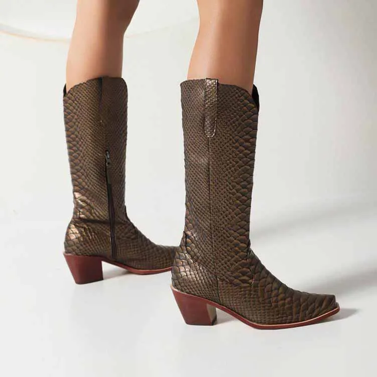 Womens Mid Calf Boots Chunky Heel Zipper Cowgirl Boots
