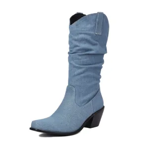 Women's mid-calf trendy boots denim chunky heel boots