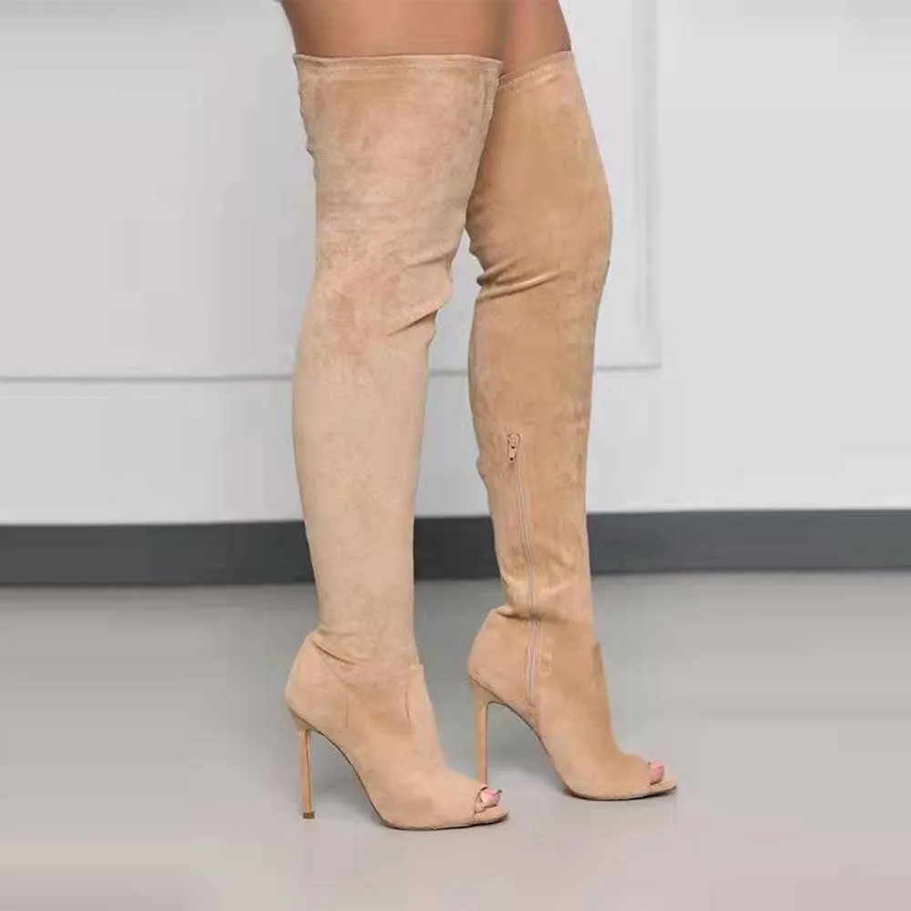 Womens Open Toe Over Knee Boots High Heeled Elastic Boots