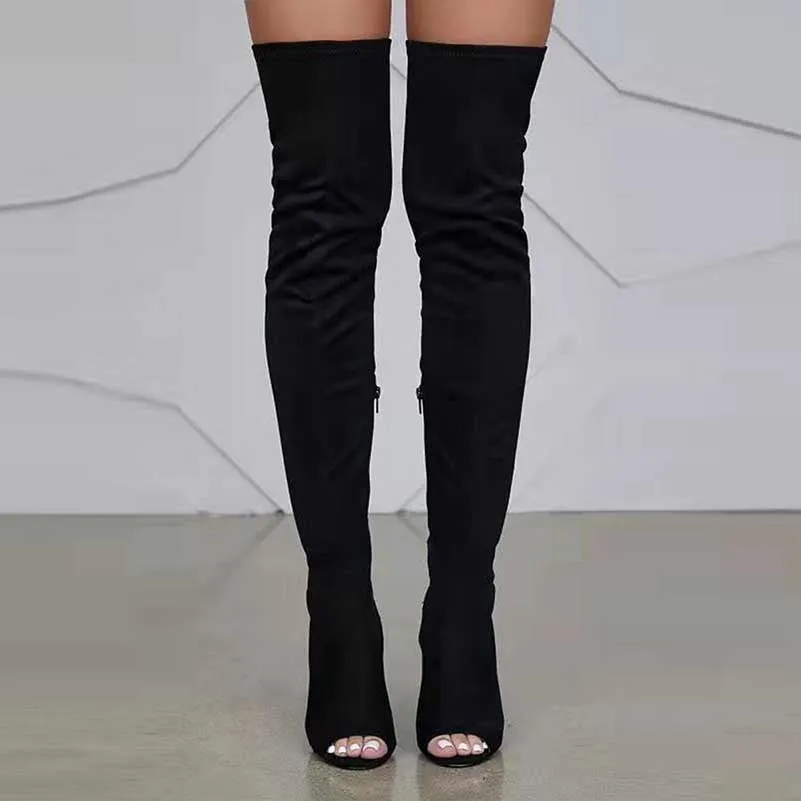 Womens Open Toe Over Knee Boots High Heeled Elastic Boots