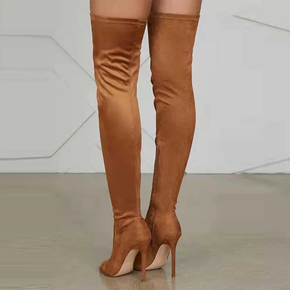 Womens Open Toe Over Knee Boots High Heeled Elastic Boots