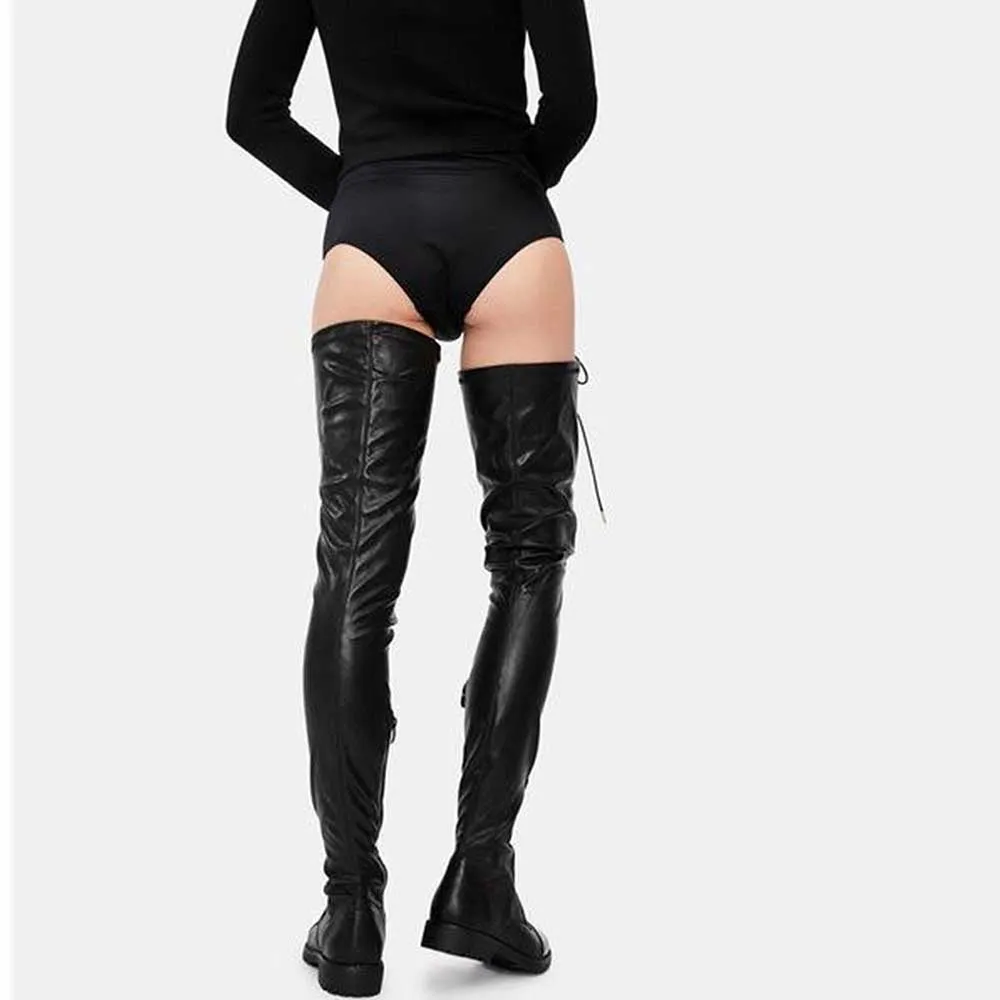 Womens Over Knee Laced Up Boots Low Heel Thigh High Boots