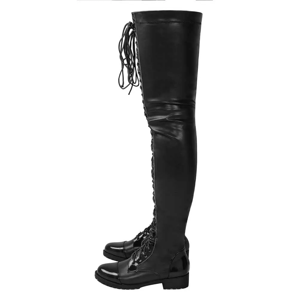 Womens Over Knee Laced Up Boots Low Heel Thigh High Boots