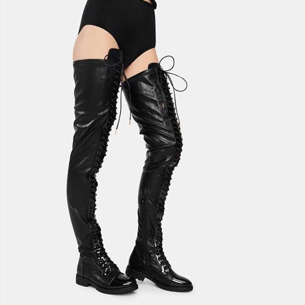 Womens Over Knee Laced Up Boots Low Heel Thigh High Boots