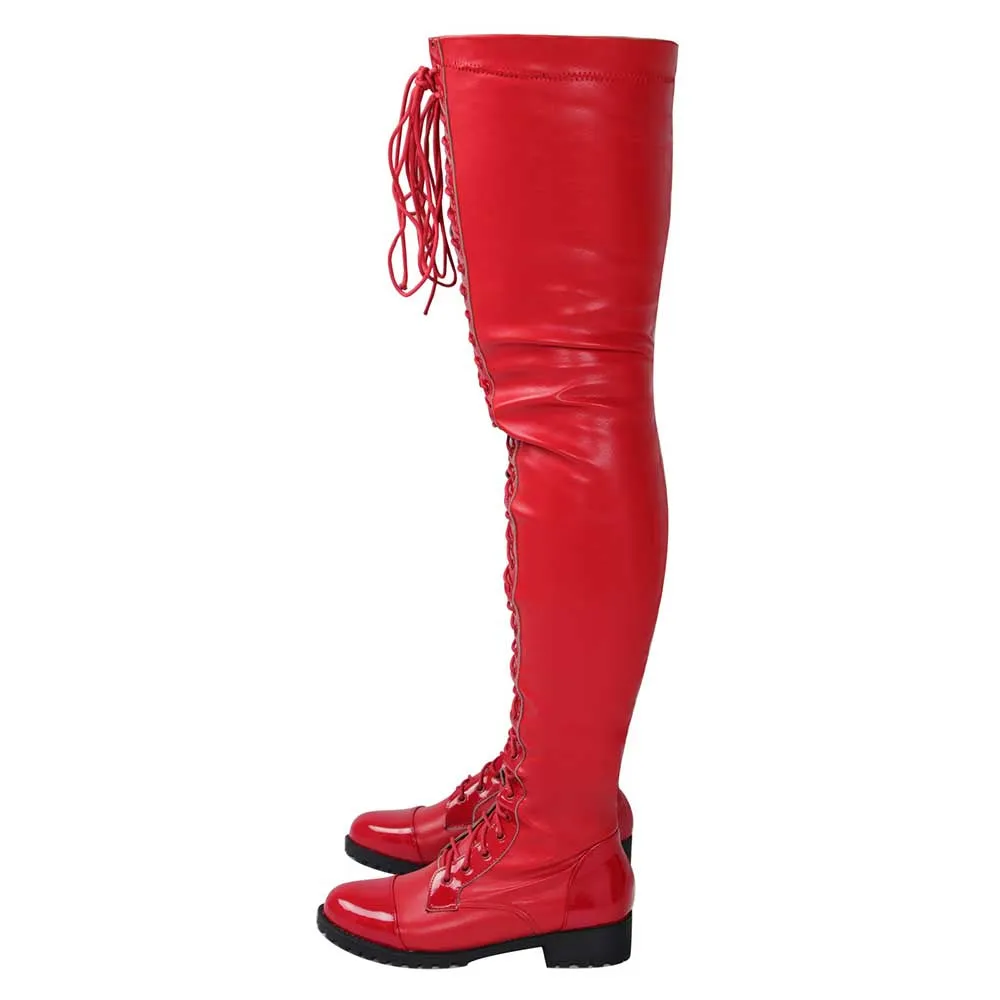Womens Over Knee Laced Up Boots Low Heel Thigh High Boots