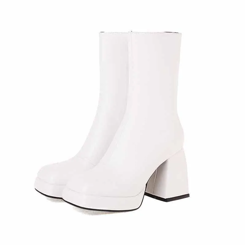 Women's Patent Leather PU Booties Low Mid Block Heel Ankle Boots