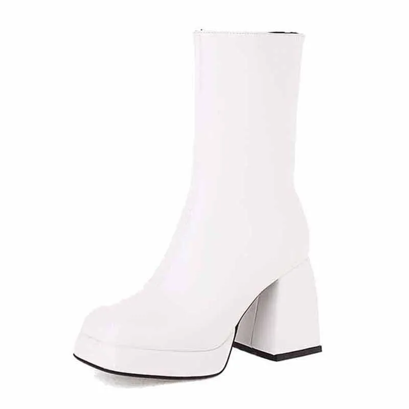 Women's Patent Leather PU Booties Low Mid Block Heel Ankle Boots