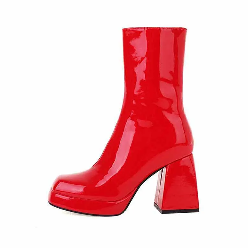 Women's Patent Leather PU Booties Low Mid Block Heel Ankle Boots