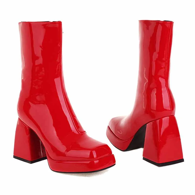 Women's Patent Leather PU Booties Low Mid Block Heel Ankle Boots