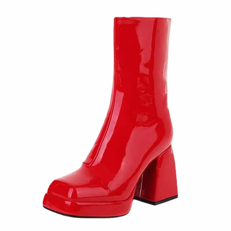 Women's Patent Leather PU Booties Low Mid Block Heel Ankle Boots
