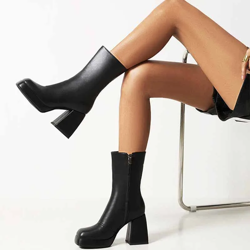 Women's Patent Leather PU Booties Low Mid Block Heel Ankle Boots