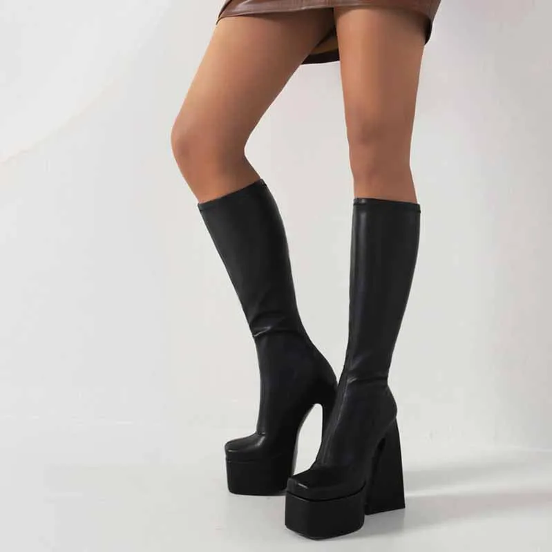 Womens Platform Knee High Boots High Heel Round-Toe Punk Boots