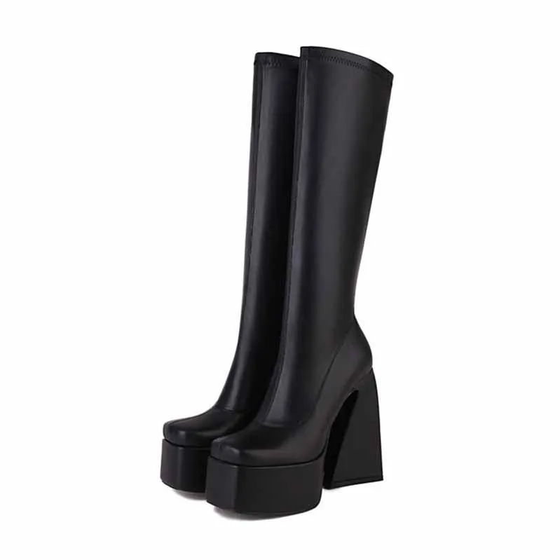 Womens Platform Knee High Boots High Heel Round-Toe Punk Boots