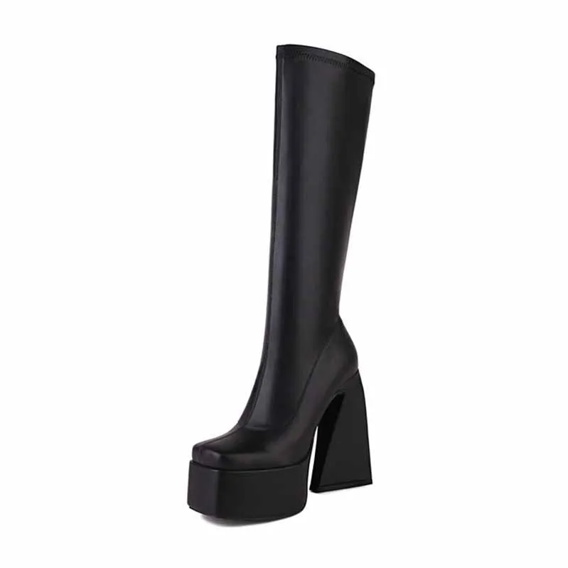 Womens Platform Knee High Boots High Heel Round-Toe Punk Boots