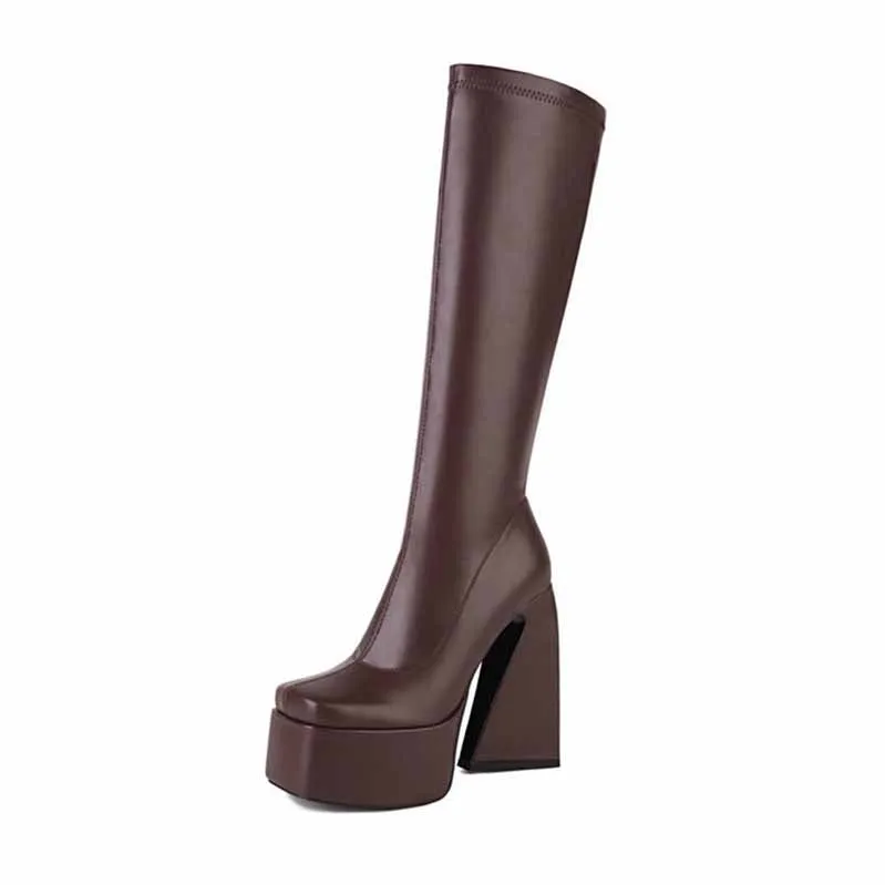 Womens Platform Knee High Boots High Heel Round-Toe Punk Boots