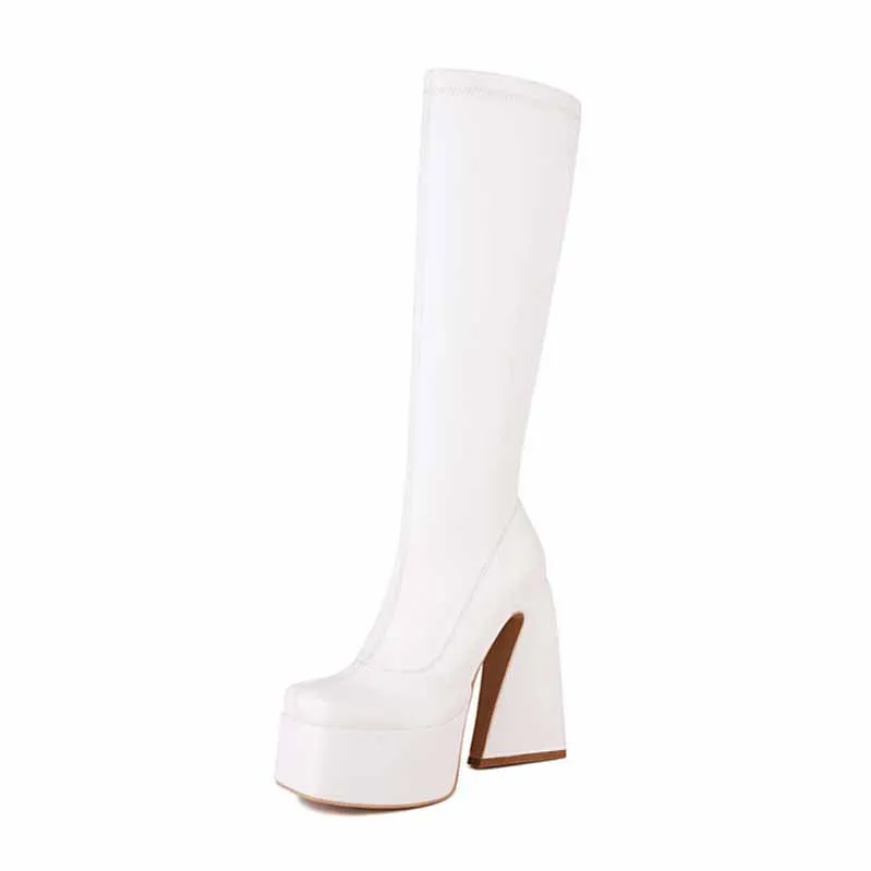 Womens Platform Knee High Boots High Heel Round-Toe Punk Boots
