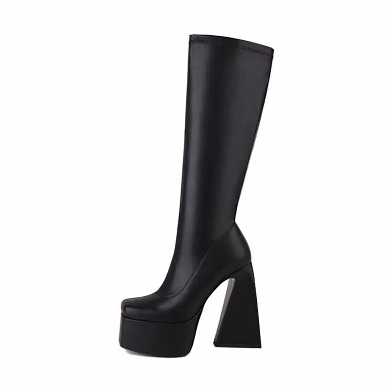Womens Platform Knee High Boots High Heel Round-Toe Punk Boots