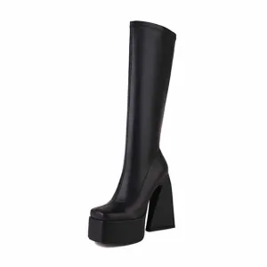 Womens Platform Knee High Boots High Heel Round-Toe Punk Boots