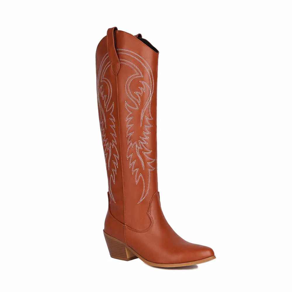 Womens PU Leather Pointed Toe Embroidery Decor Knee High Boots