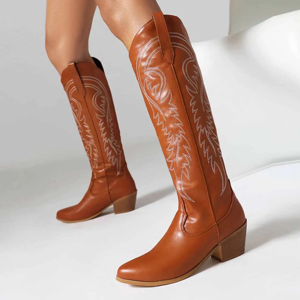 Womens PU Leather Pointed Toe Embroidery Decor Knee High Boots