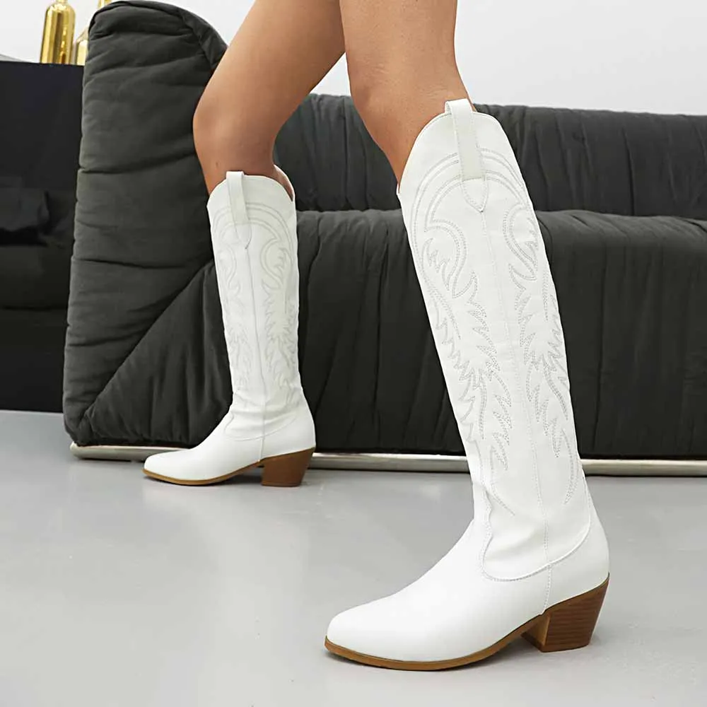 Womens PU Leather Pointed Toe Embroidery Decor Knee High Boots