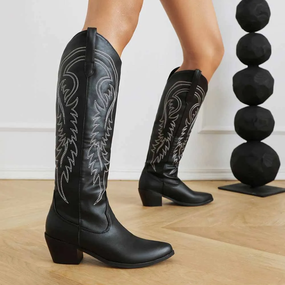 Womens PU Leather Pointed Toe Embroidery Decor Knee High Boots