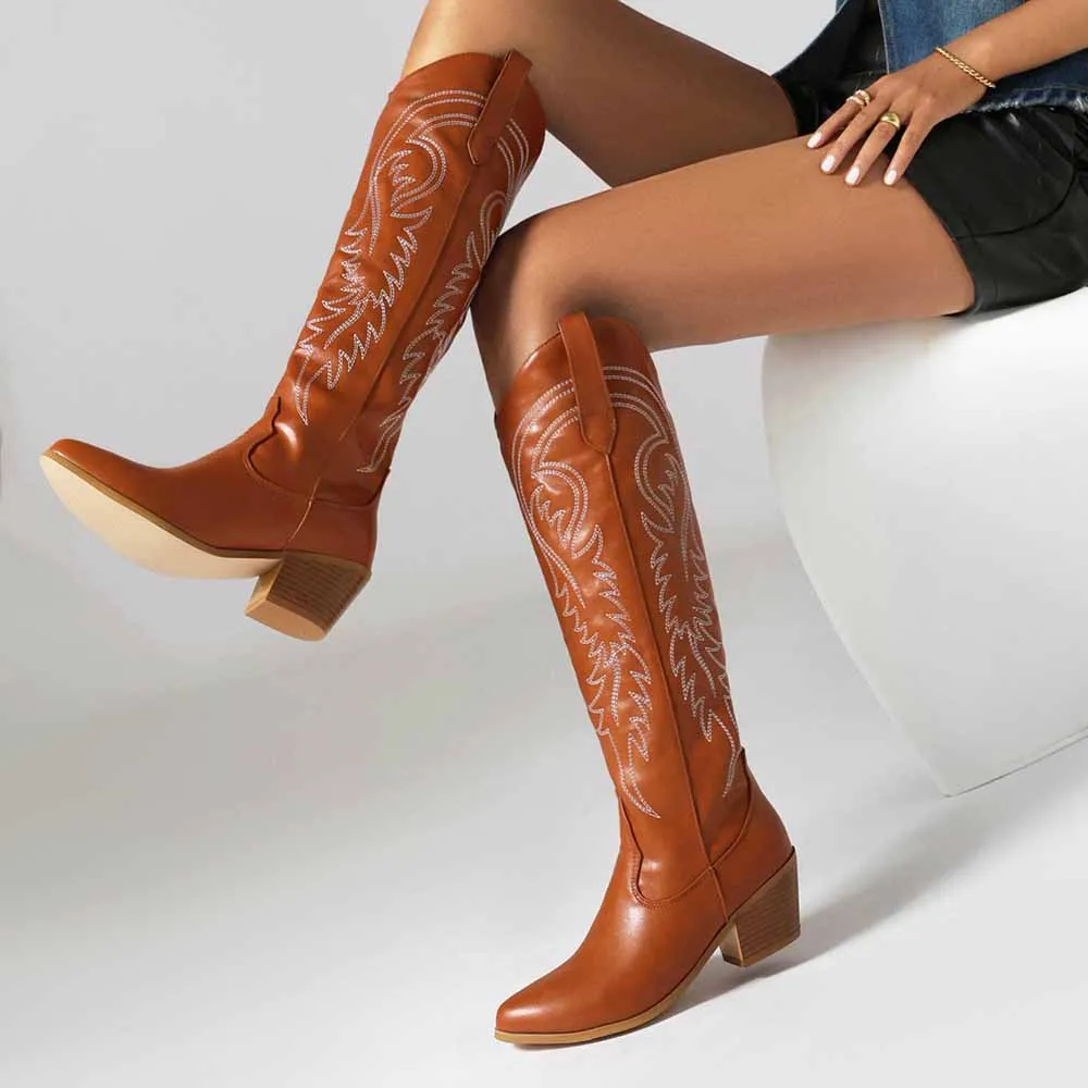 Womens PU Leather Pointed Toe Embroidery Decor Knee High Boots