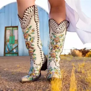 Women's Retro Western Cowboy Boots Embroidered Mid Calf Chunky Heel shoes