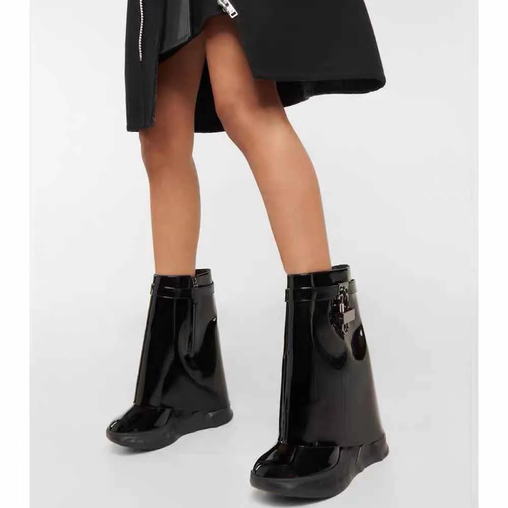 Women's Shark Lock Faux Leather Ankle Boots Wedge Boots