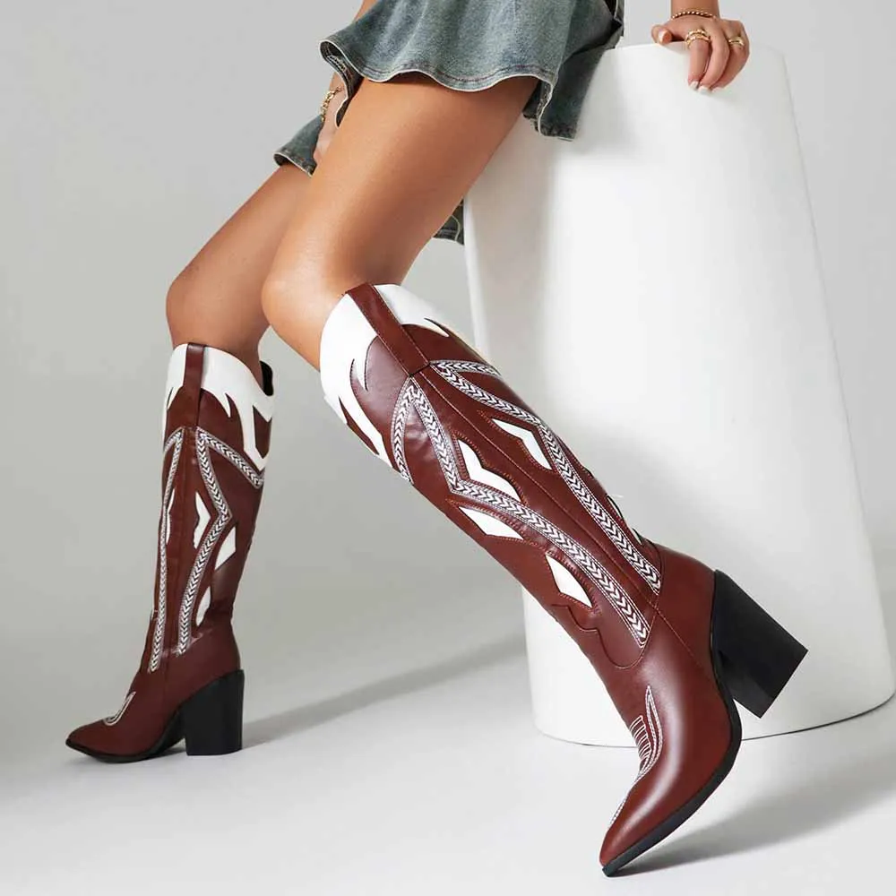 Women's Stitching Knee High Cowgirl Boots Wide Calf Chunky Block Heel Western Cowboy Boots