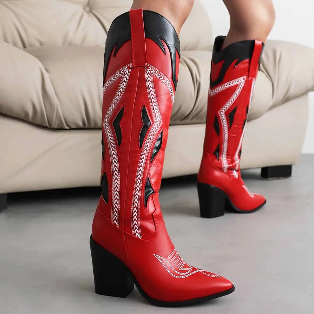 Women's Stitching Knee High Cowgirl Boots Wide Calf Chunky Block Heel Western Cowboy Boots