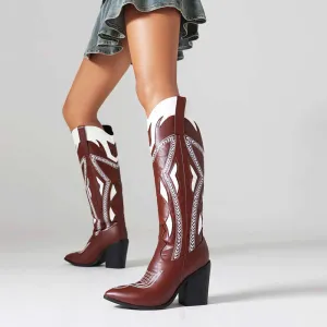 Women's Stitching Knee High Cowgirl Boots Wide Calf Chunky Block Heel Western Cowboy Boots