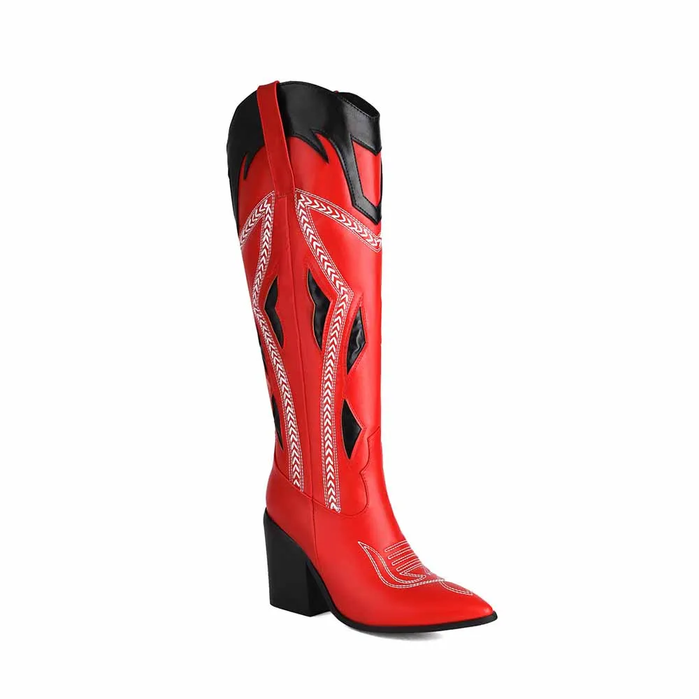 Women's Stitching Knee High Cowgirl Boots Wide Calf Chunky Block Heel Western Cowboy Boots