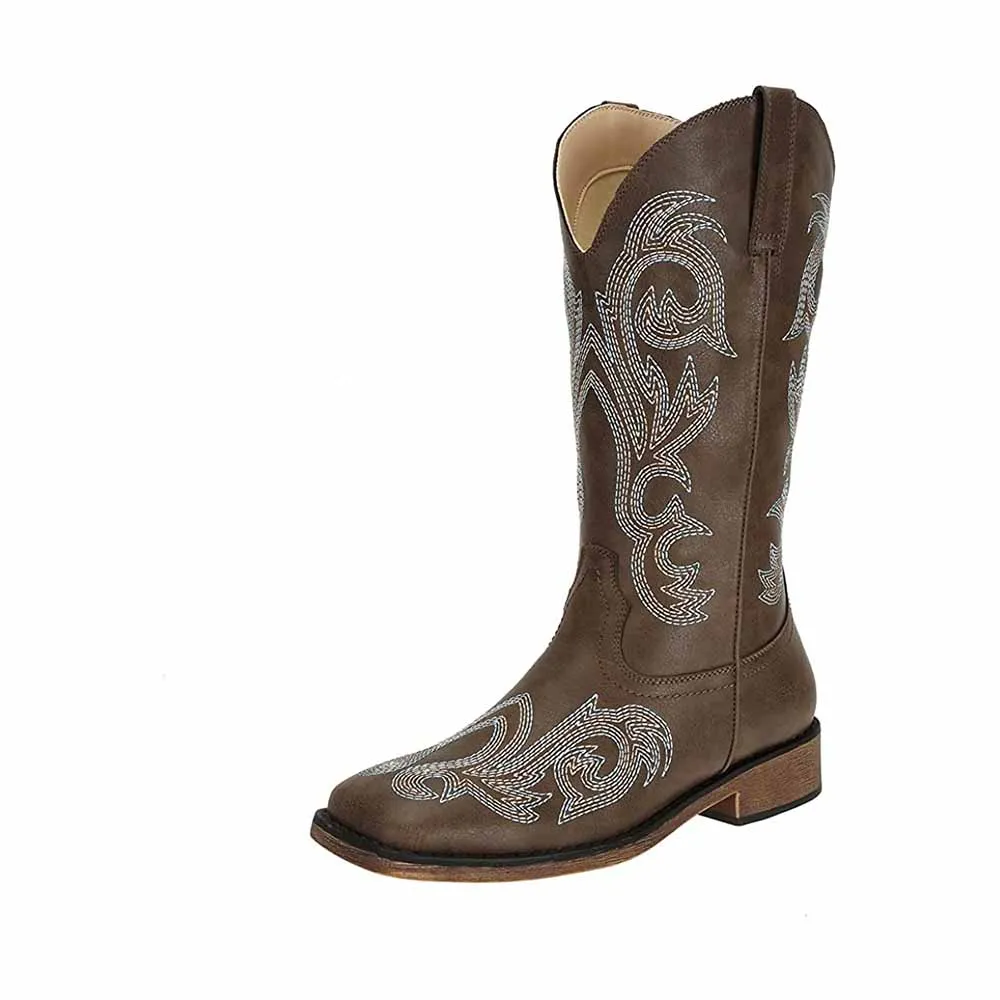 Women's Western Cowgirl Cowboy Boots Wide Calf Pointed Toe Embroidered