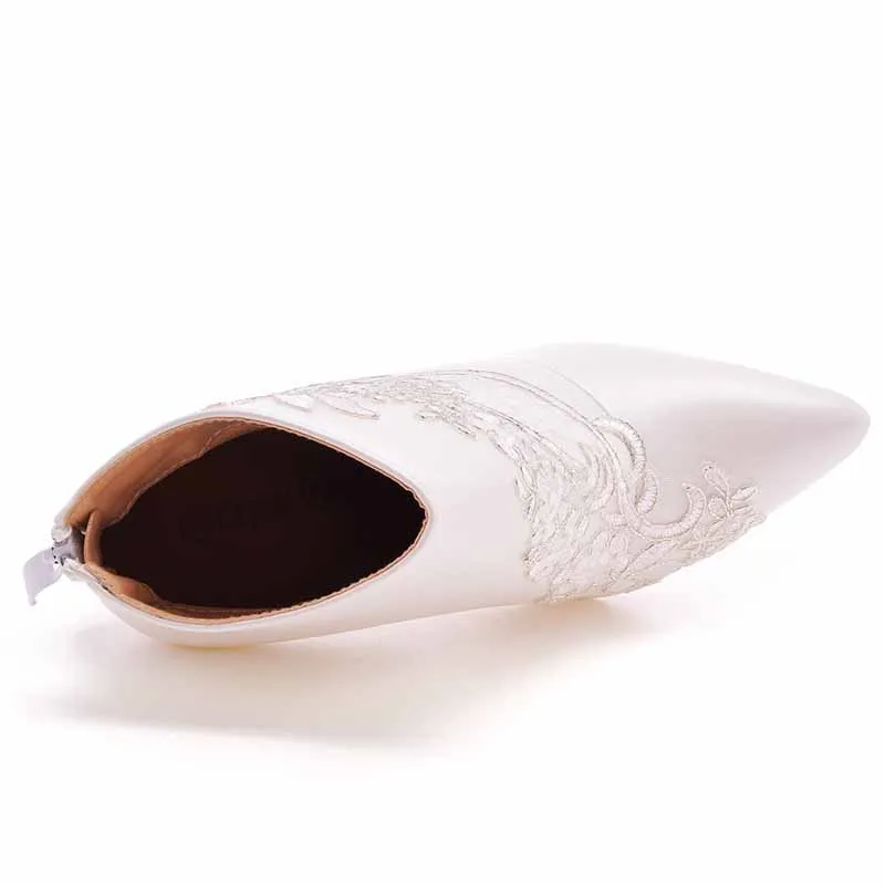 Women's White Boots Appliqued Pointed Toe Stiletto High Heel Wedding Boots