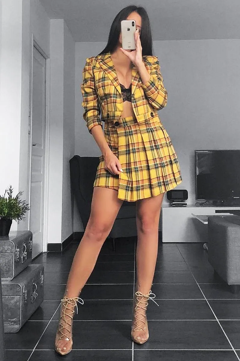 Yellow Tartan Crop Blazer Pleated Skirt Co-Ord - Holly
