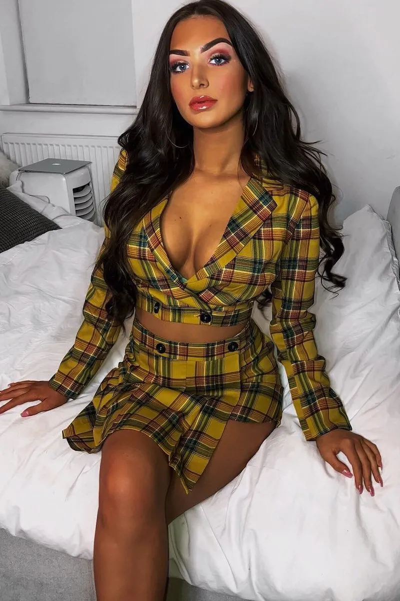 Yellow Tartan Crop Blazer Pleated Skirt Co-Ord - Holly