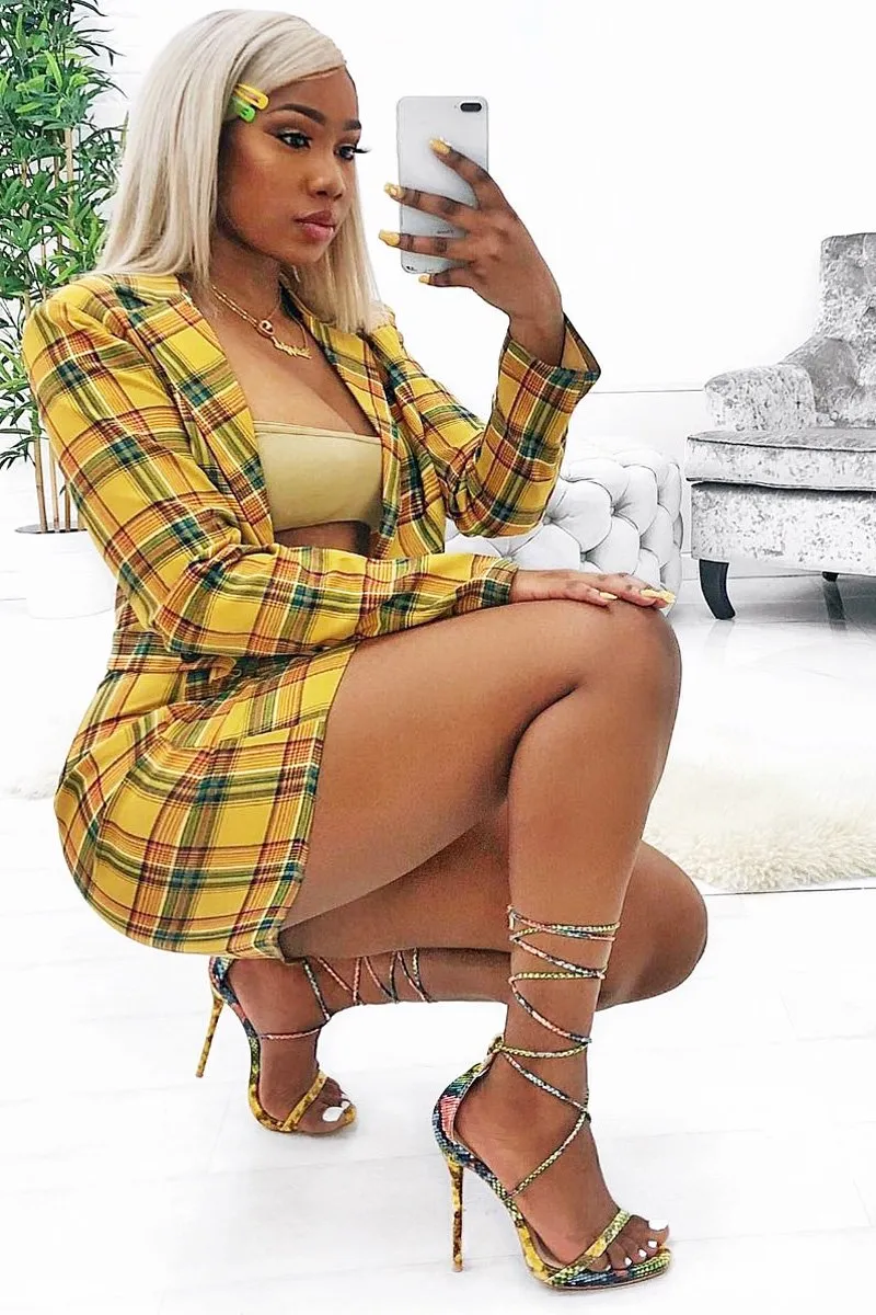 Yellow Tartan Crop Blazer Pleated Skirt Co-Ord - Holly